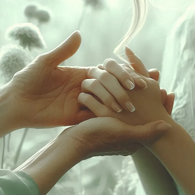 helpinghand Die Hände einer älteren Frau umfassen die Hände einer jungen Frau.