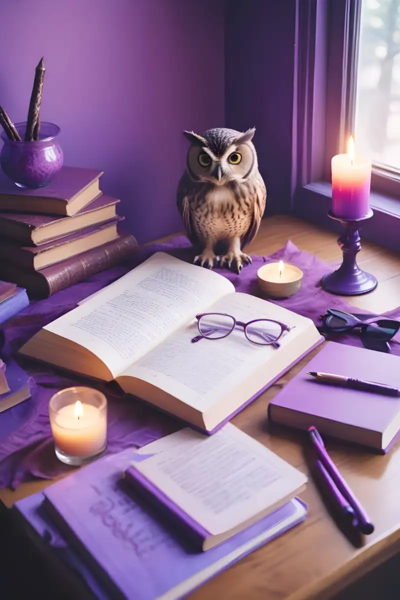learning Bücher, Brille, Eule, Kerzen, Schreibutensilien liegen auf einem Tisch vor einem Fenster; in violetten Tönen gehalten.