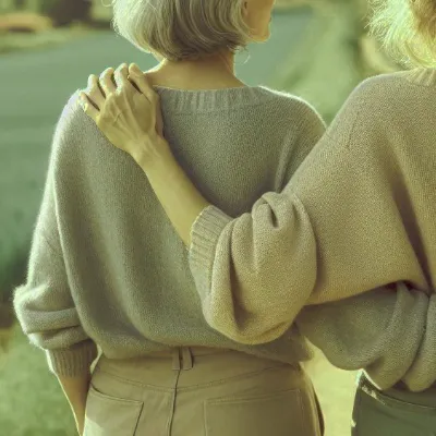 twowomen Zwei Frauen gehen einen Weg entlang, den Arm jeweils um den Rücken der anderen gelegt.