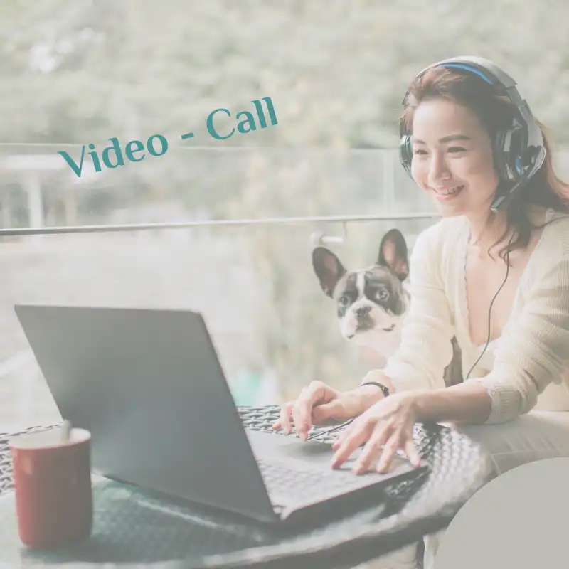 TK_Ablauf3 Eine Frau arbeitet am Laptop, ihr kleiner Hund schaut interessiert mit ihr zusammen in den Bildschirm. Darüber der Text "Video - Call".
