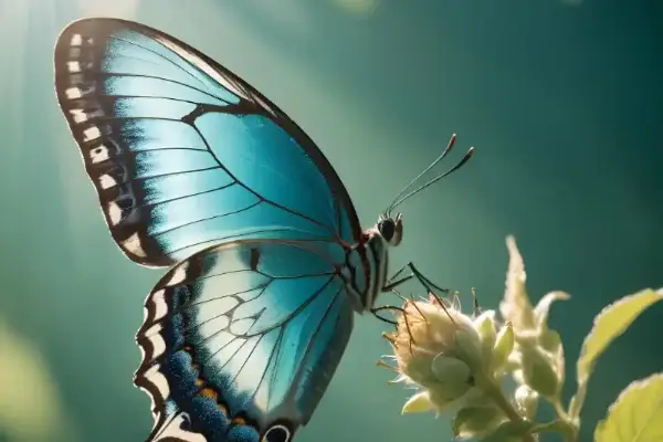 Blauer Schmetterling hält sich an einer Knospe. Blick von der Seite.